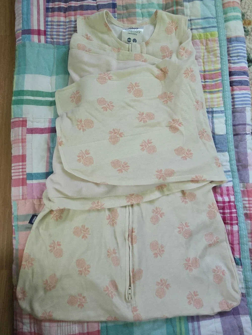 Halo Baby Swaddle Sleep Sack in Cream with Pink Rose Pattern, Size 0-3 Months